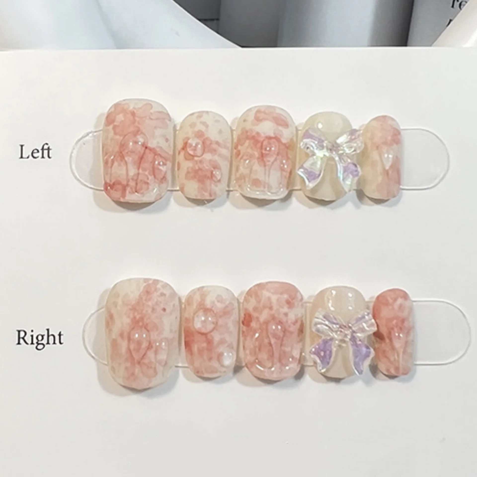 

10pcs Watercolor Smudge Design Handmade False Nails Art Simple Cute Bow Short Square Press on Nails Tips Wearable Fake Nail Sets