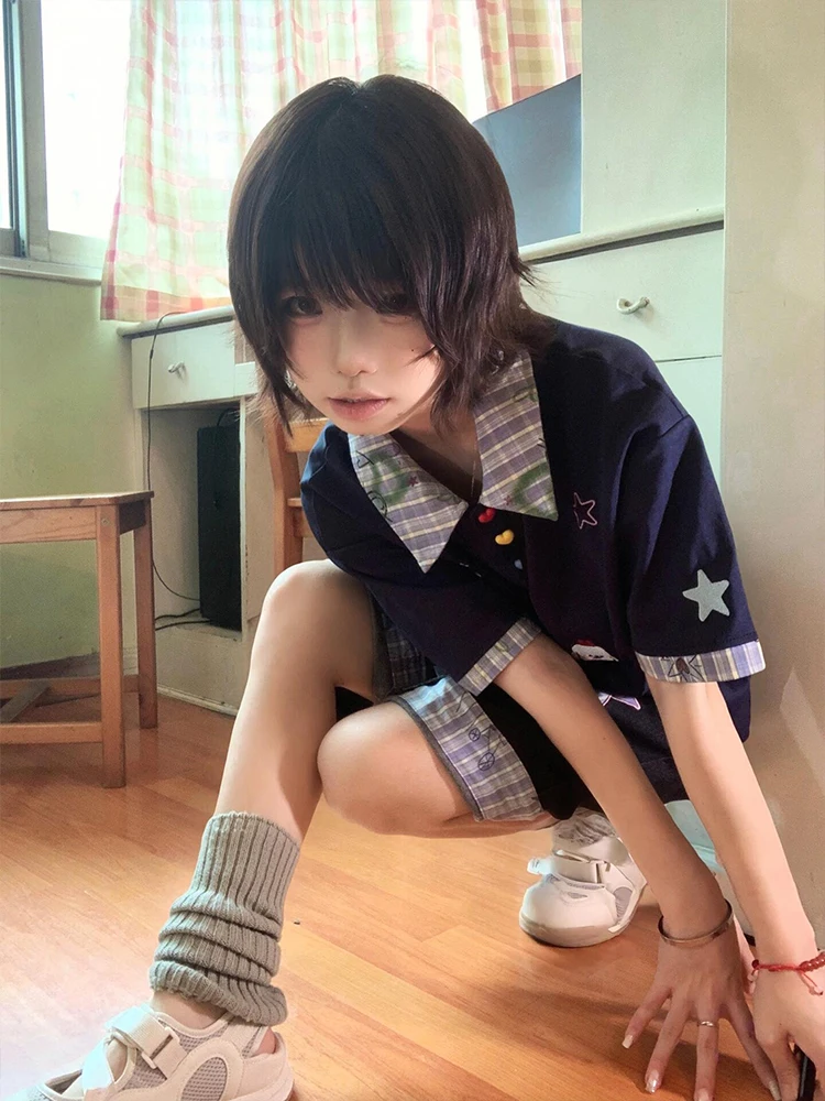 Retro American Dogstitchwork Loose ort Sve Women's Summer  irtTee Collegiate Sle Semi-sve Top