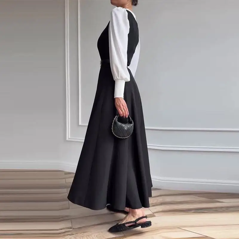 

Elegant Long Sleeve Black Two-Piece Set Women's Fashion Autumn 2025 Waist-Cinching Simple Design Cross-Border Clothing
