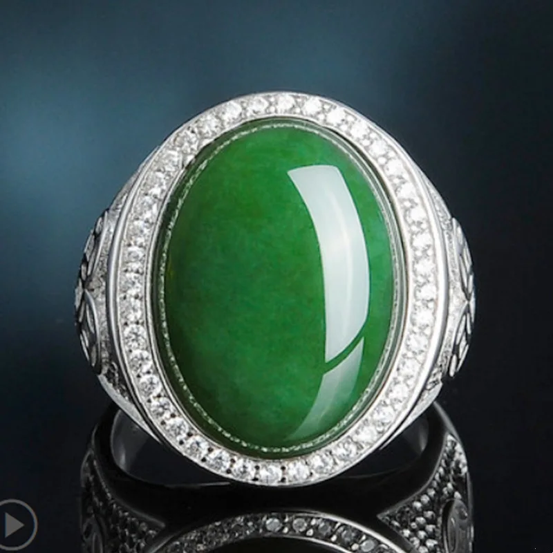 Top Grade Jade Green Oval Ring For Men Jewelry 925 Silver Male Wedding Ring With Shining Stones Hollow Coin Finger Accessories