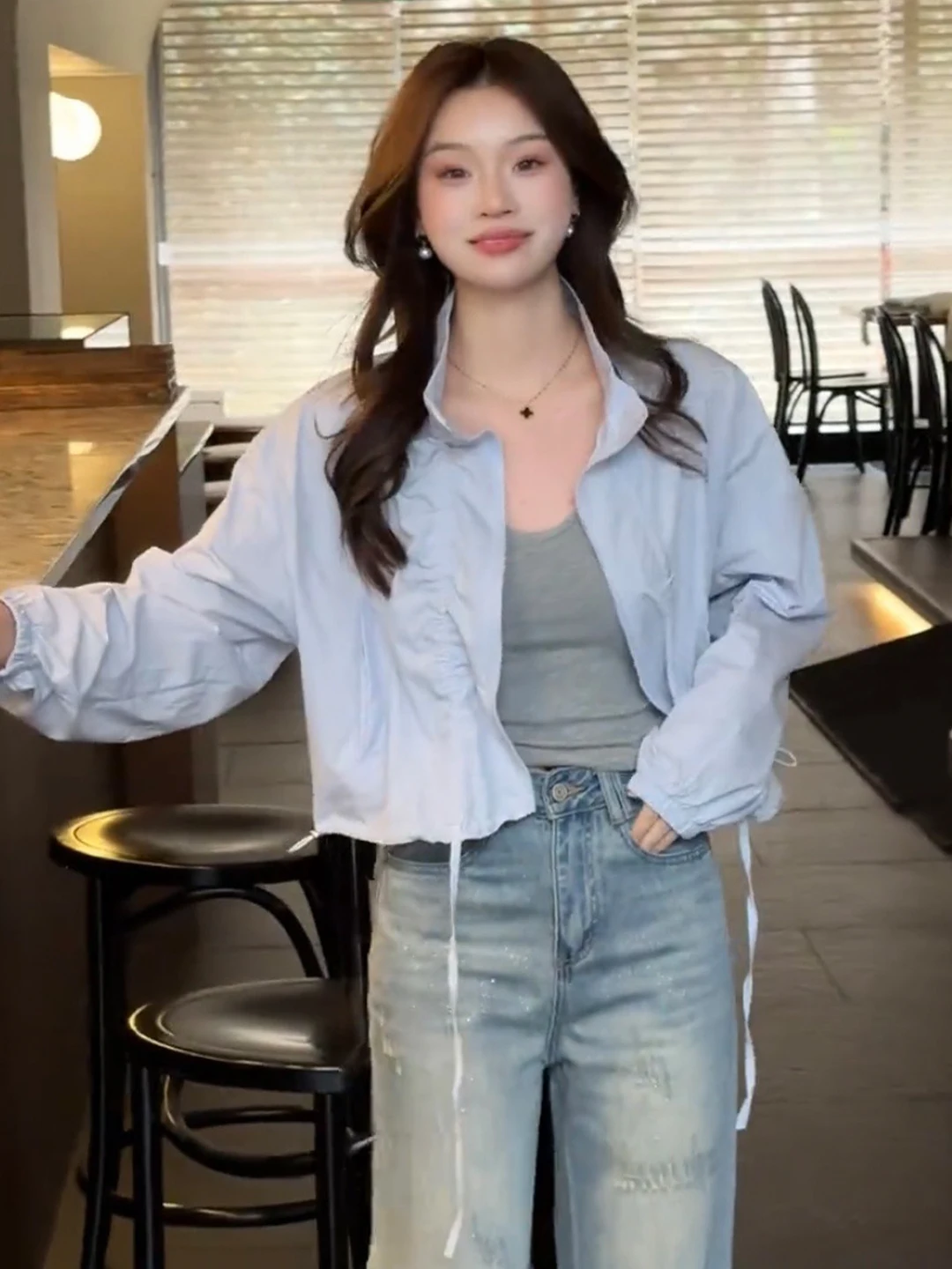 

Women's Loose Fit Short Sun Protection Jacket Drawstring Thin Summer New Korean Style Letter Print Stand Collar Top