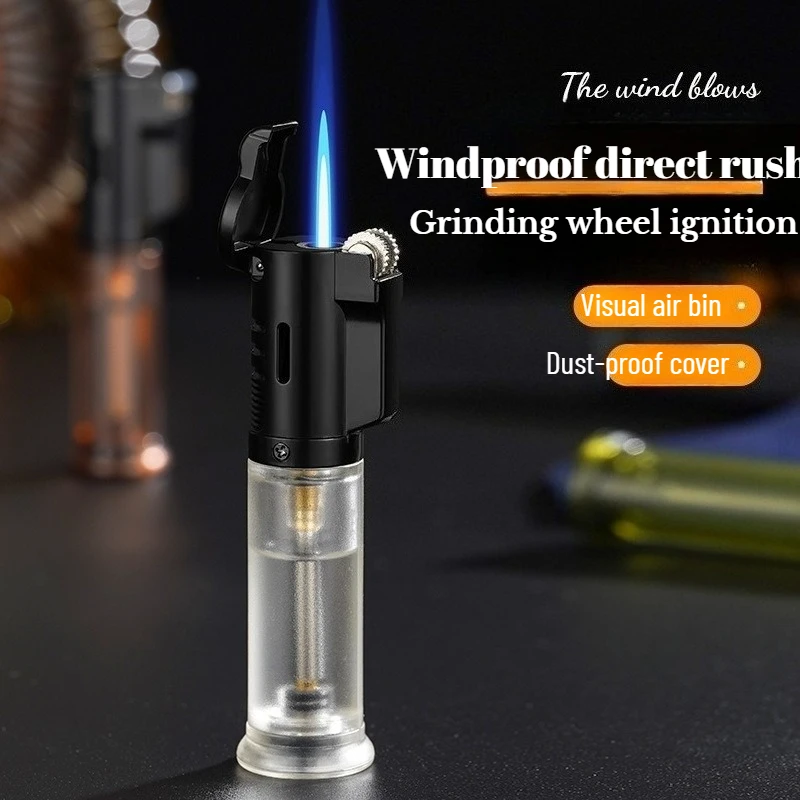 

2025 Metal Spray Gun Transparent Visible Gas Chamber Grinding Wheel Direct To Blue Flame Windproof Inflatable Cigarette Lighter