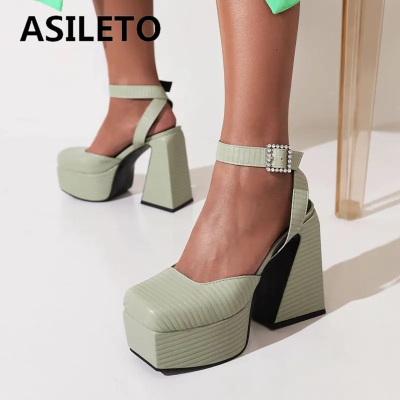 ASILETO Lady Pumps Square Toe Heel 14cm Platform Hill 5cm Buckle Strap Striped Big Size 42 43 Sexy Party Shoes