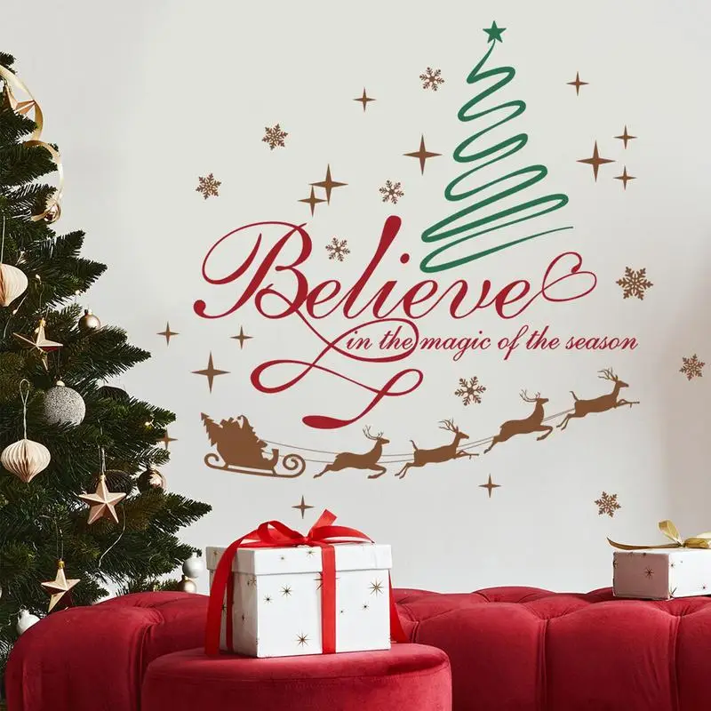 Christmas Wall Stickers Reindeer Sleigh Decals Window Clings Removable For Living Room Bedroom Window Showcase