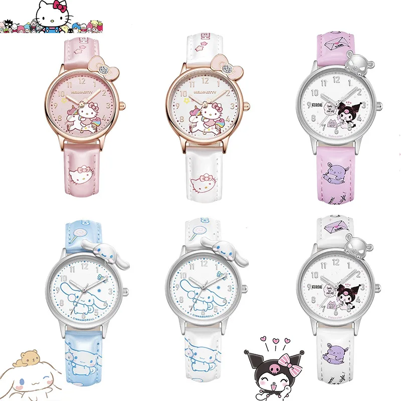 Montre en cuir blanc de haute qualité pour filles, montres de degré d'eau de dessin animé, figurine d'anime, HelloKittile, Kuromi, Cinnamoroll, cadeaux