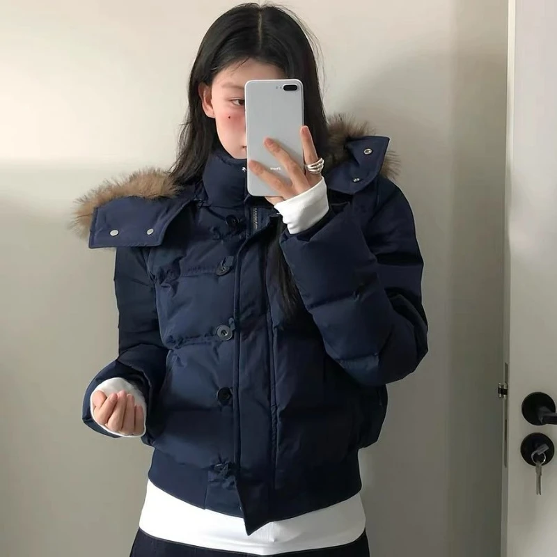 American Vintage Long Sleeve Solid Hooded Parkas Women Streetwear Y2k Retro Faux Fur Collar Patchwork Coat Autumn Winter 2026