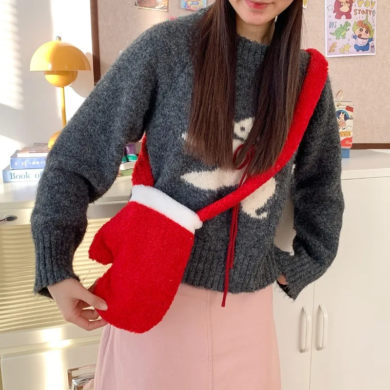

New Year Christmas Shoulder Bag Large Capacity Irregular Red Plush Bag Gifts Party Props Glove Crossbody Bag