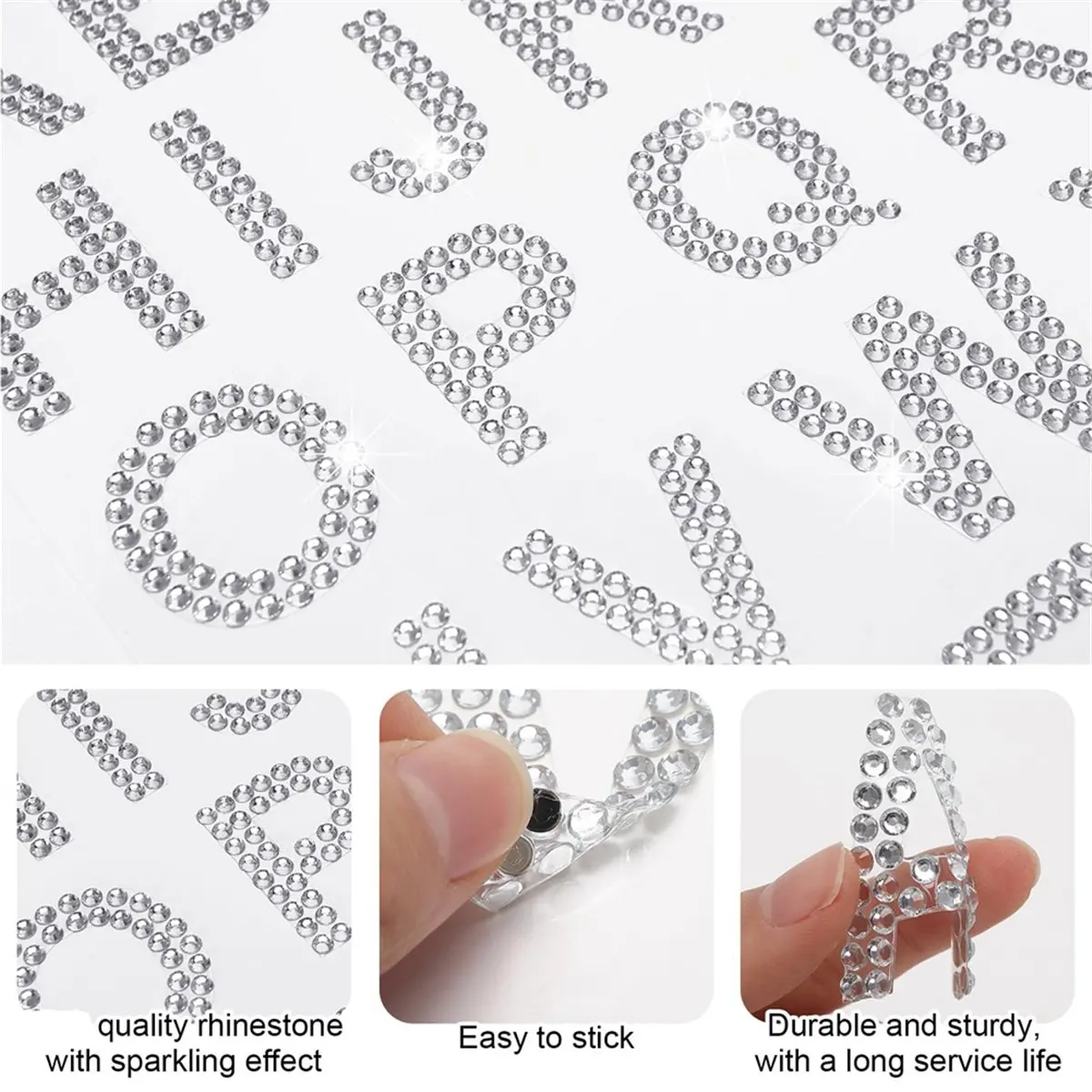 KSOL 170 Pcs Silver Rhinestone Letter Stickers, 5 Sheets 34 Letters Glitter Bling Alphabet Letter Stickers Silver