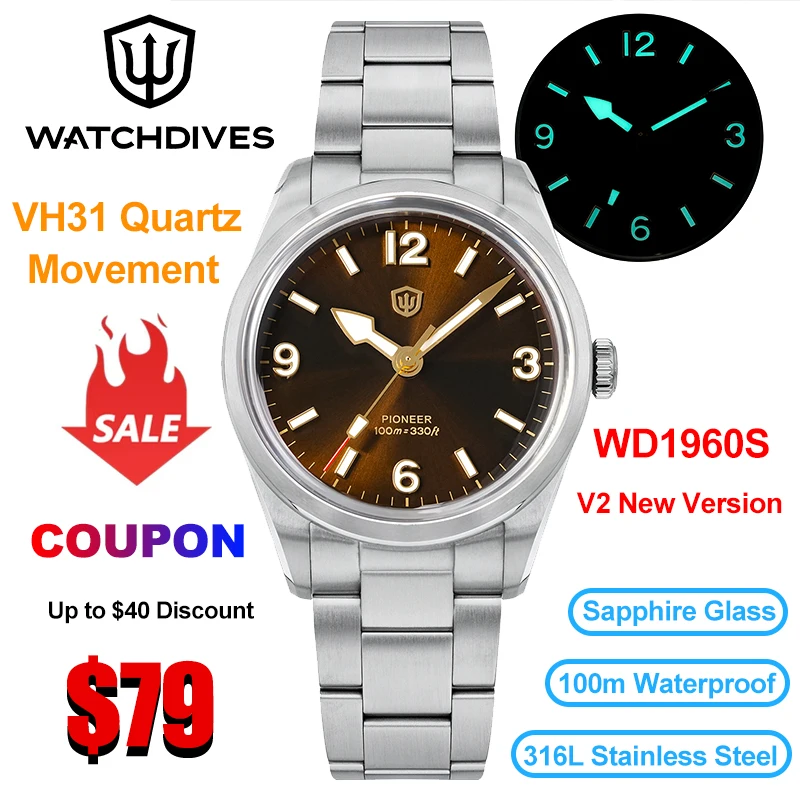 

Watchdives WD1960S V2 Новые кварцевые часы VH31 с сапфировым механизмом винтажные часы 100 м водонепроницаемые светящиеся мужские военные часы