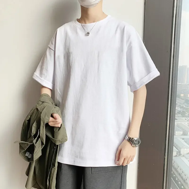 Mens Short-sleeved Tshirt Summer Trend Korean Version Loose Pure White Bottoming Shirt T-shirt Five-quarter Sleeve Top for Men