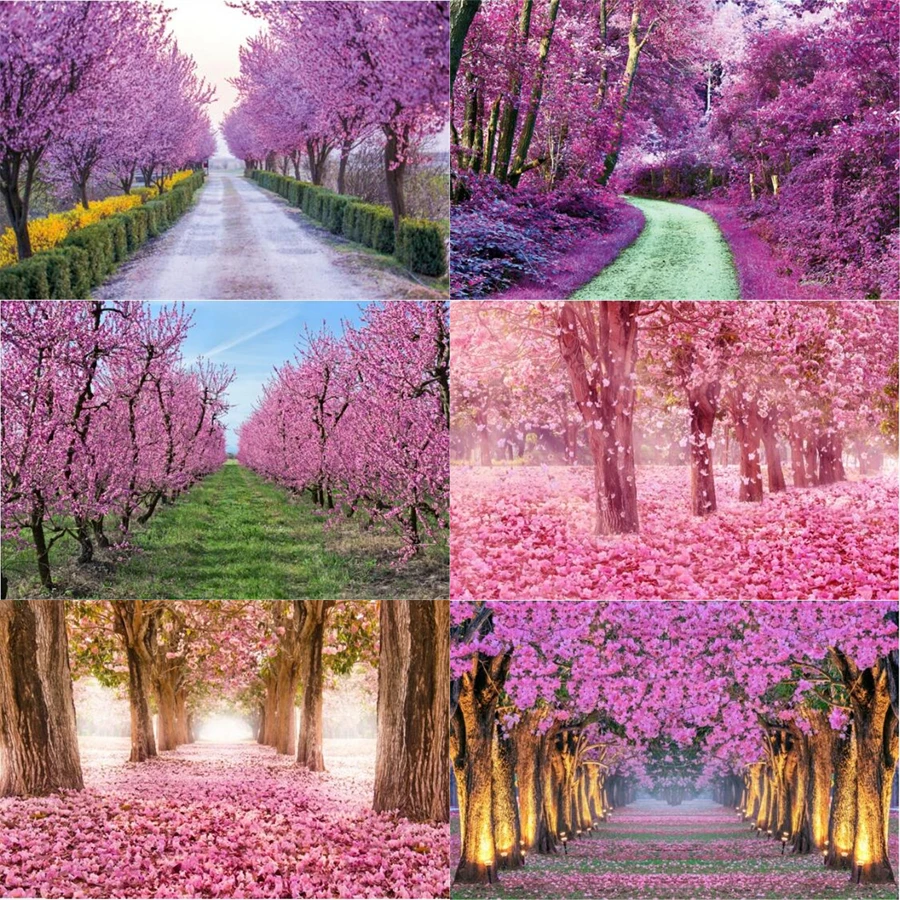 Spring Photography Backdrop Blossom Flower Cherry Petals Green Grass Sunshine Scenic Photo Background Poster Banner Photo Studio