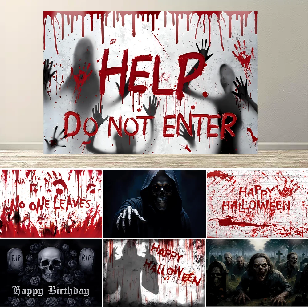 Halloween Backdrop Banner Help Do Not Enter No One Leaves Horrible Ghost Shadow Terror Zombie Skeleton Background Tapestry
