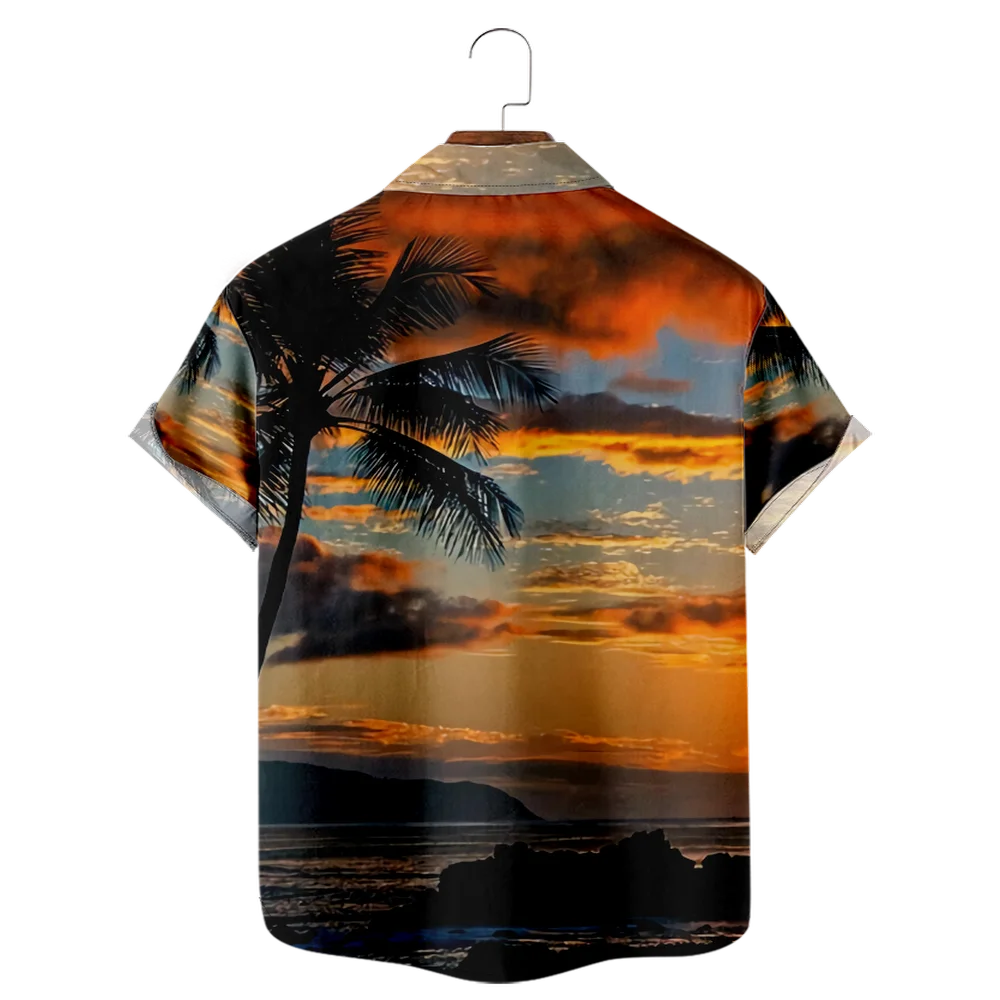 Men's Short Sleeve Button-Up Shirt With Fancy Palm Tree Print, Casual Summer Hawaiian Style, Daily Vacation Beachwear For Men