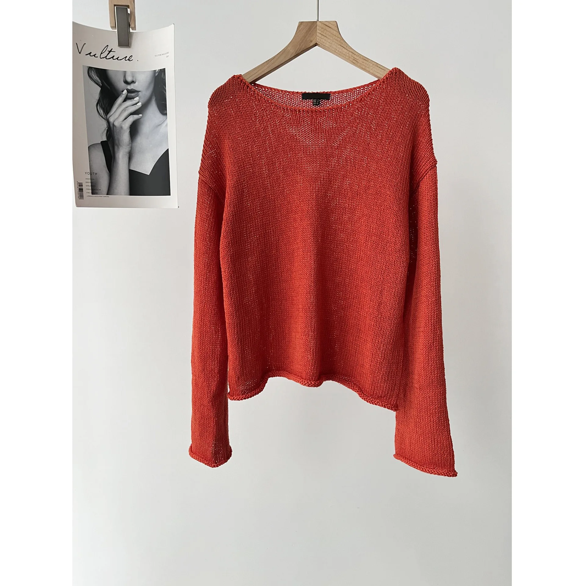 Women's clothing red casual lazy wind slack light boat collar long sleeve knitted sweater top 16A