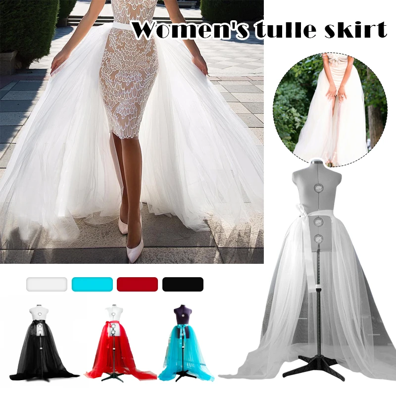 Detachable Tulle Skirt Lady Long Tutu Overskirt Bridal Overlay Wedding Party Lace Up Bandage Mesh Floor Length Maxi Skirt