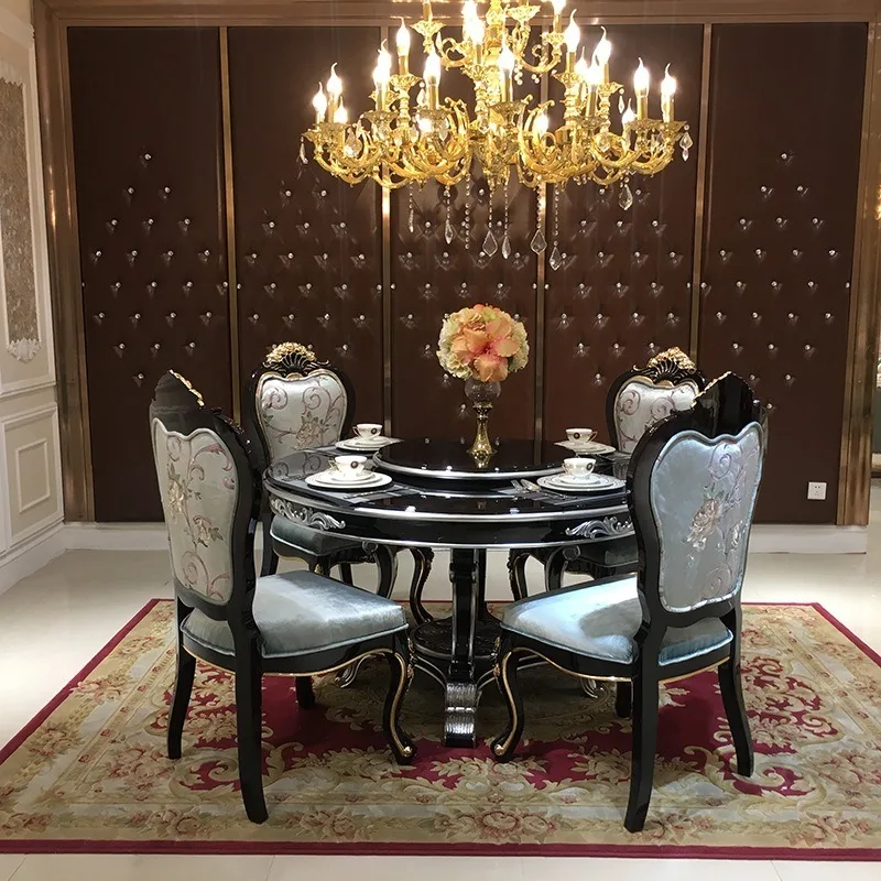 

French solid wood long dining table and chair combination European burgundy dining table