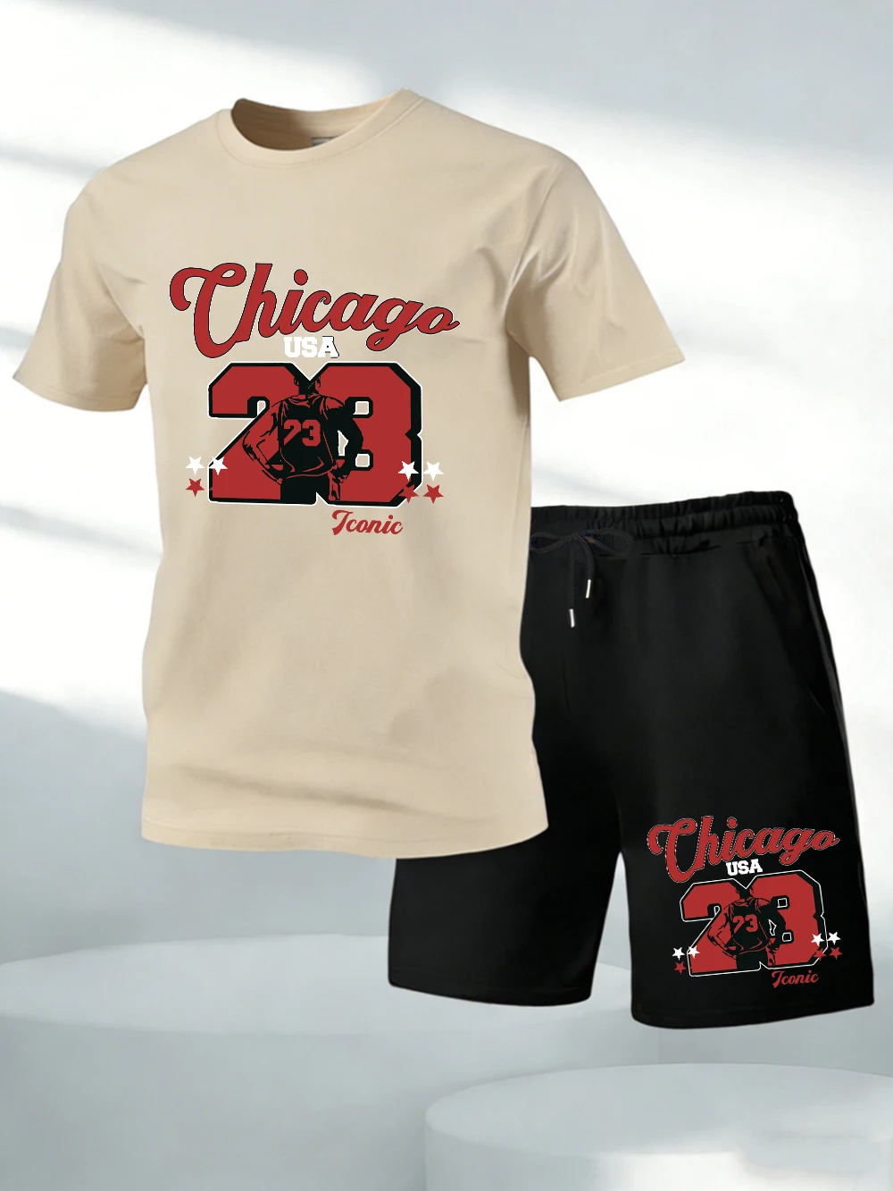 

Two Pieces Set Chicago Number 23 Jersey Print Cotton Tops Shorts Mens Oversized Soft O-Neck T-Shirts Pocket High Waisted Pants