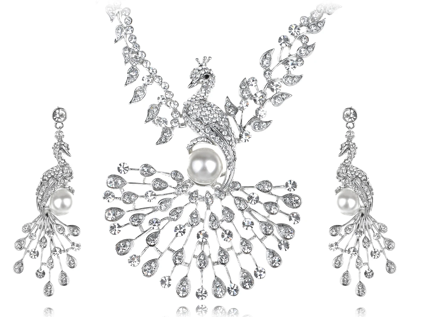 Womens Silvery Tone Clear Rhinestones Faux Pearl Peacock Bird Necklace Earrings Set