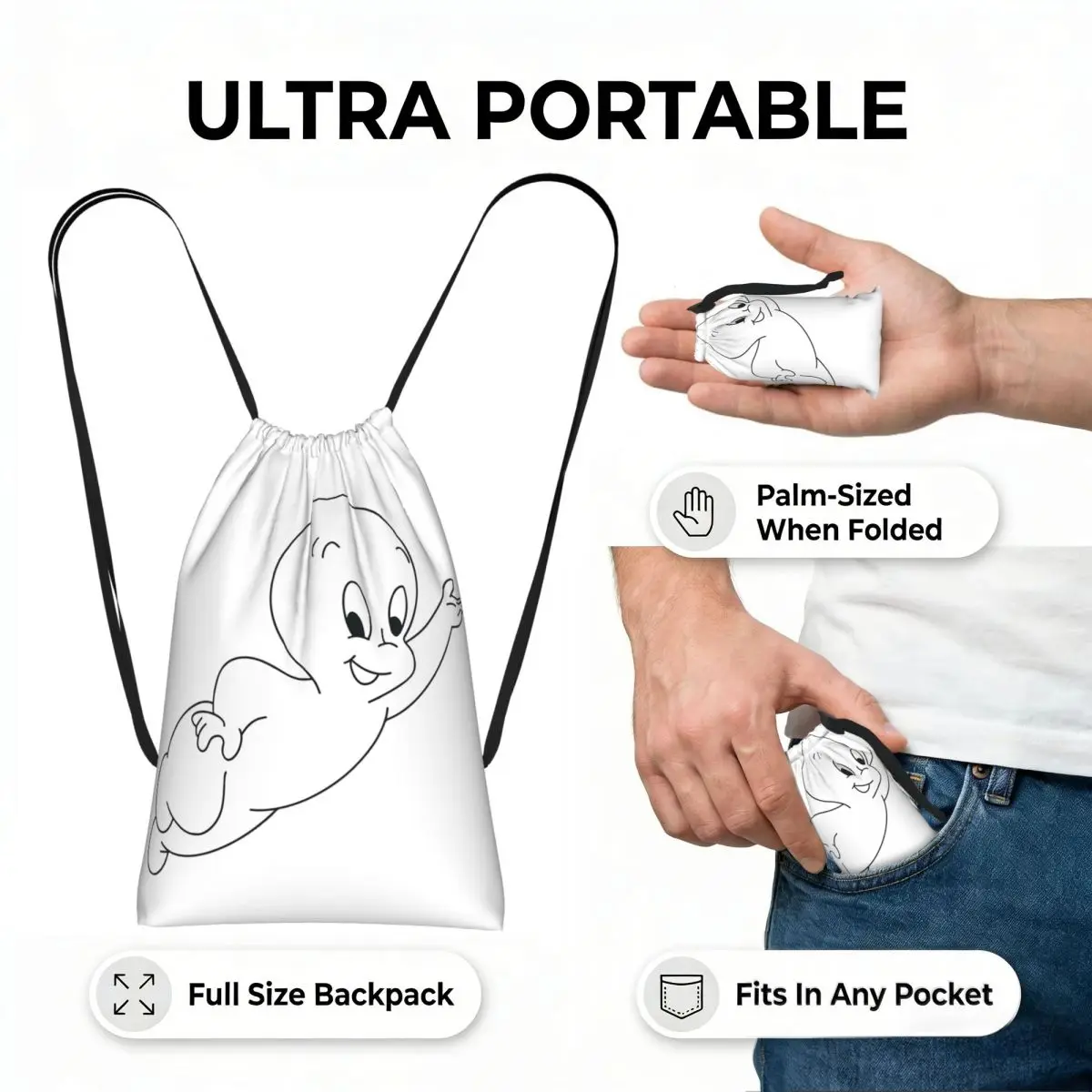 Casper The Friendly Ghost 90s Drawstring Backpack Sports Gym Bag Lightweight Foldable Storage Drawstring Bag for Men Women