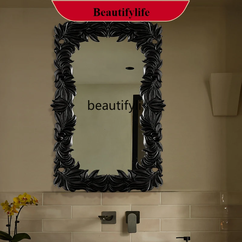 

F66 Vintage Style Bathroom Mirror French Anti-Fog Retro Carved Entrance Fireplace Decorative Square Mirror