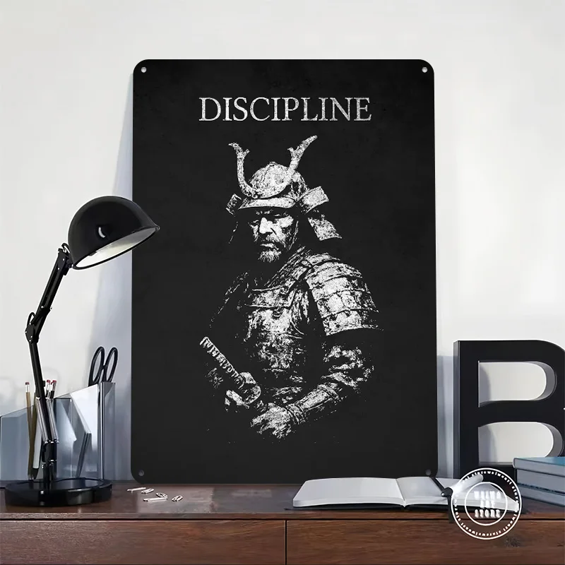 Samurai Discipline Black and White Portrait Art Tin Plaque Poster Customized Retro Wall Art Vintage Metal Signs for Room Home