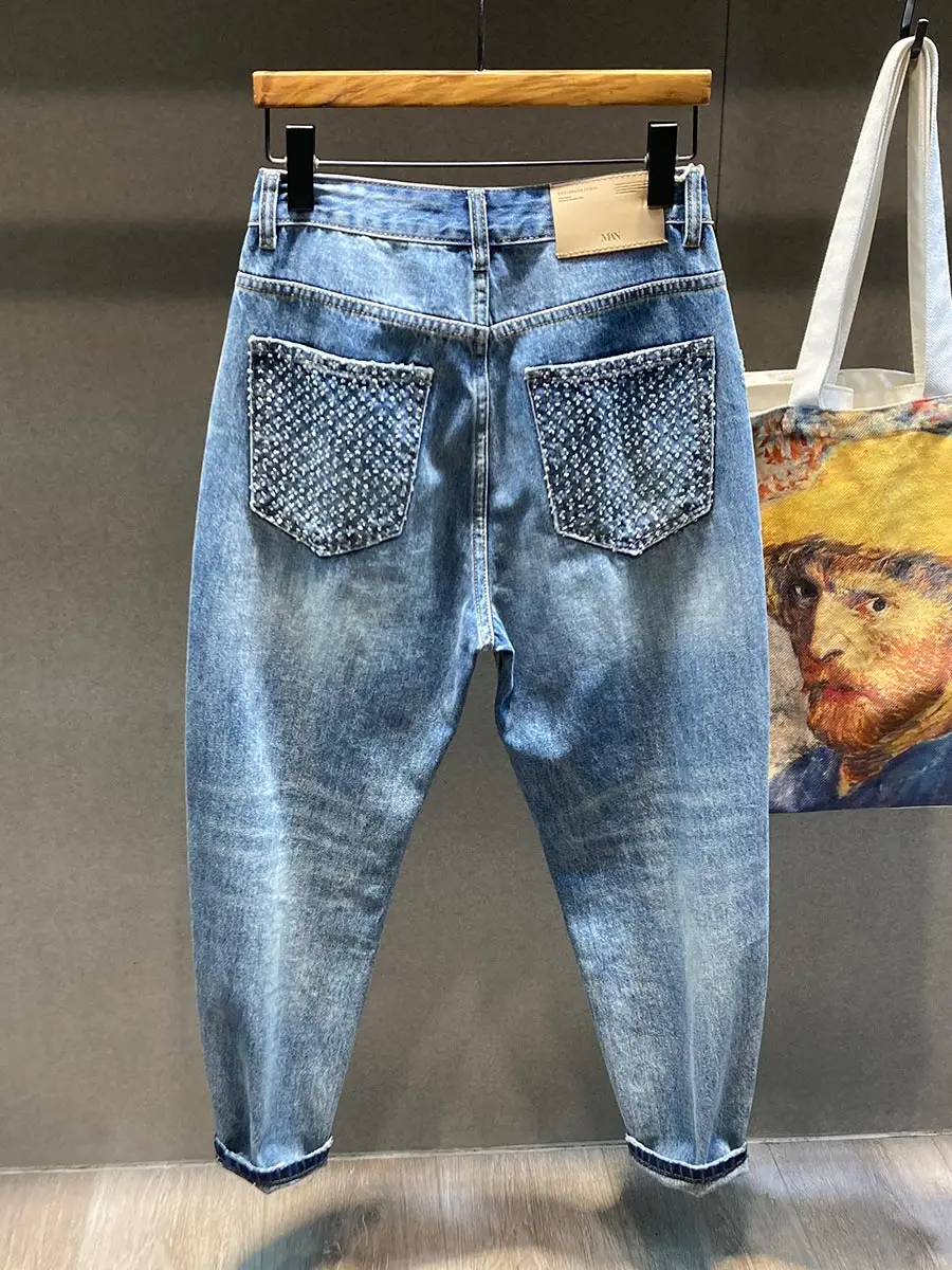 

Trendy American High Street Harlan Jeans Men's Loose Straight Leg Jeans Design Sensibili Small ence Hole Denim Pants