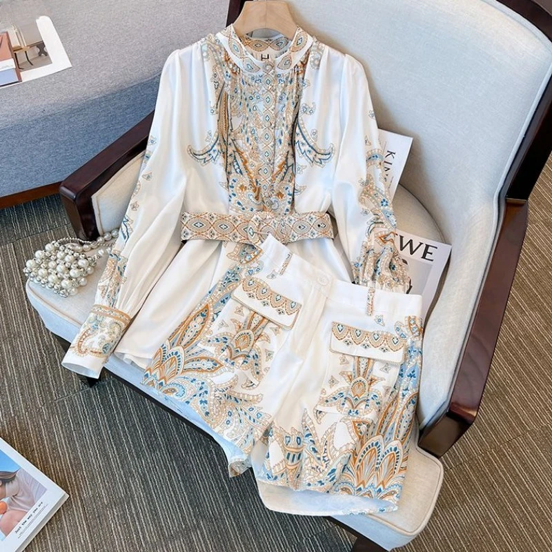 2 Piece Sets Womens Outfits Korean Women Clothing Long Sleeve Stand Neck Blouses High Waist Shorts Suit Retro Floral Summer Set