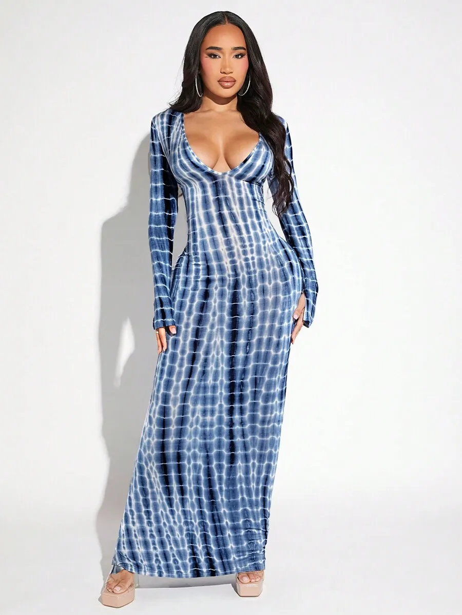 

Tie Dye Deep V-Neck Long Sleeve Maxi Dress with Bodycon Fit