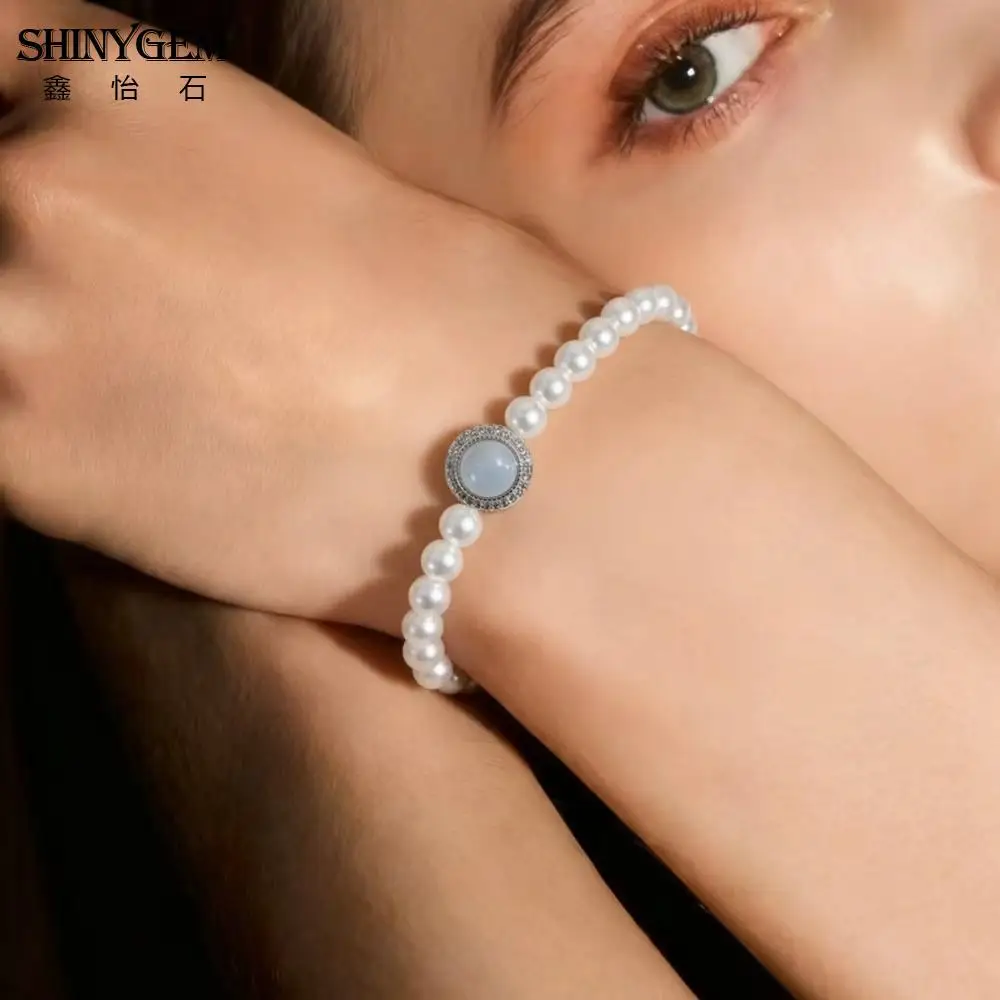 

SHINYGEM Natural Round 8mm Aquamarine Crystal Bracelet With Zircon Exquisite Shell Beads Women Or Girls White Gemstone Bracelet