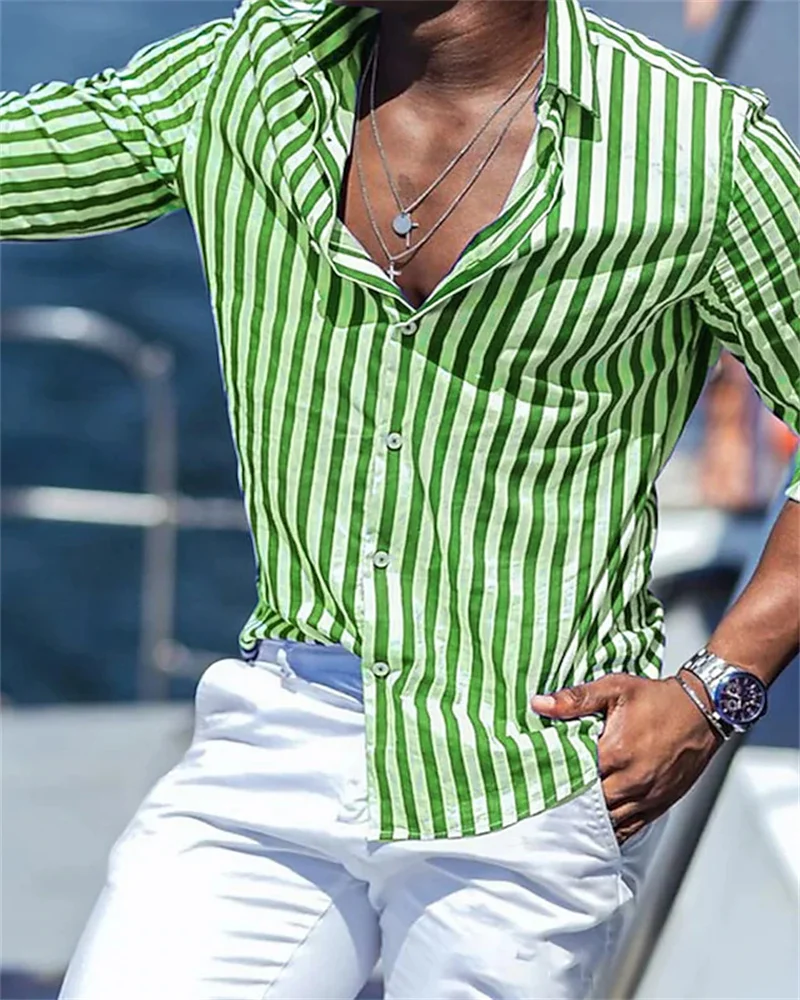 Men's Long Sleeve Blue Stripe Print Shirt Mens Social Luxury Men's Wear Hawaiian Elegant Classic Fashion High Quality Casual Tee