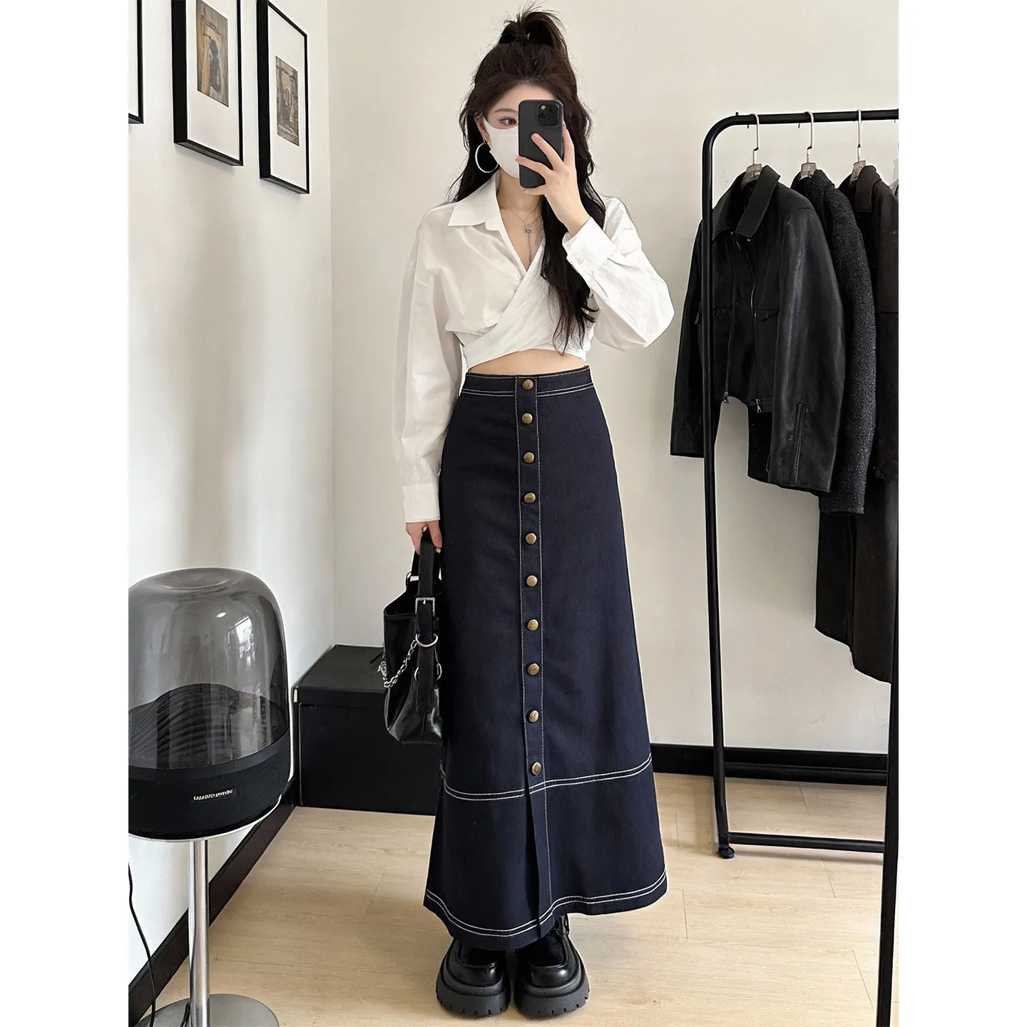 Women's Dark Blue Denim Single-breasted Front Slit Maxi Skirt High Waist A-line Flared Midi Skirt Vintage Minimalist Street Wear