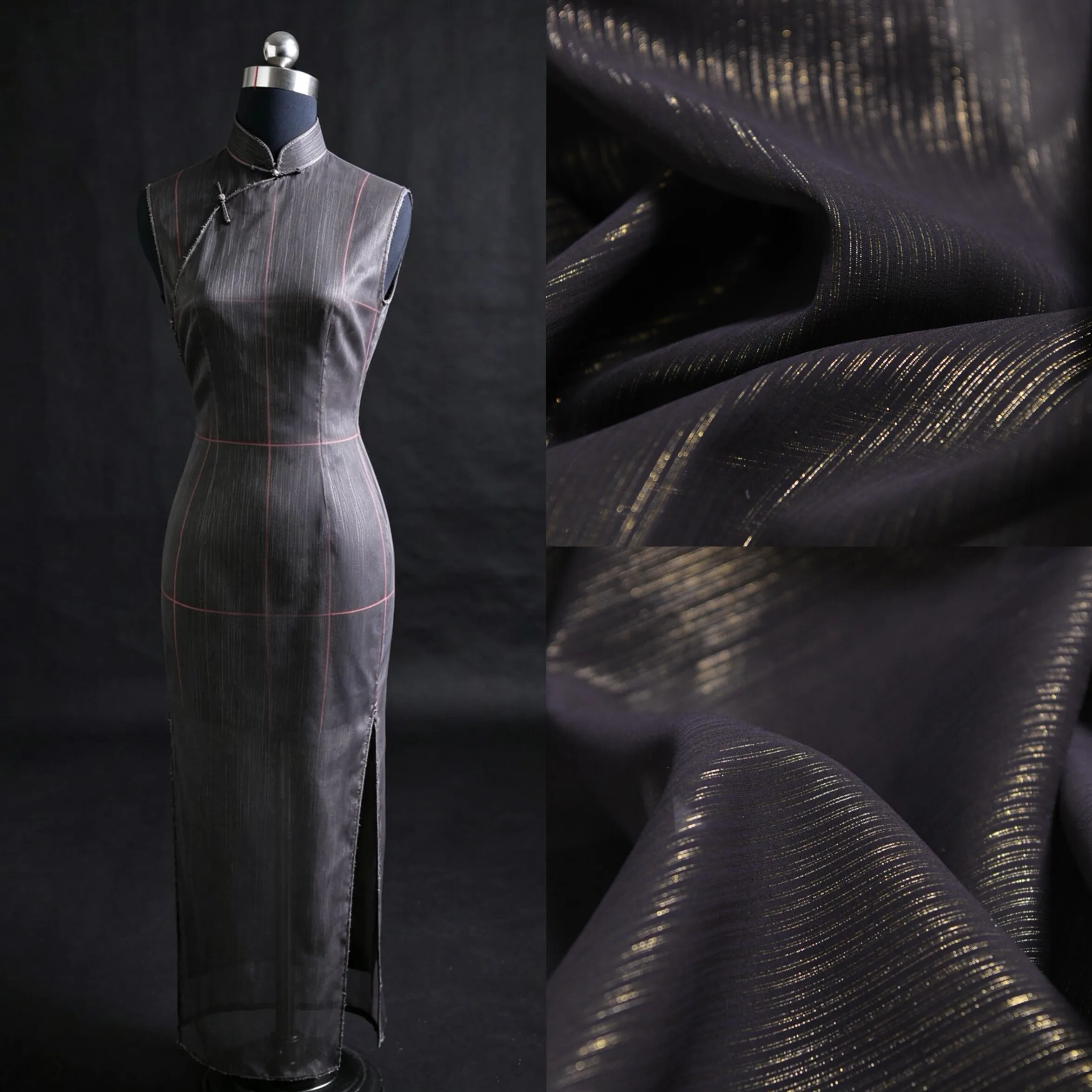 3m Interwoven Fine Gold Line Silk Organza Fabric, Sheer Subtle Noble Texture Dress Material, High-End Design, 45 Inch Wide
