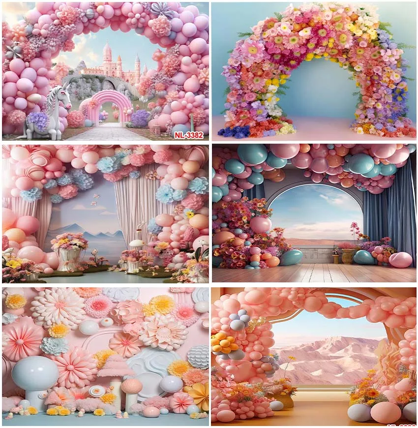 Globos de flores con forma de arco, Fondo de Ceremonia de boda, cumpleaños, primera fiesta, rosa, azul, fotografía, decoración de Baby Shower