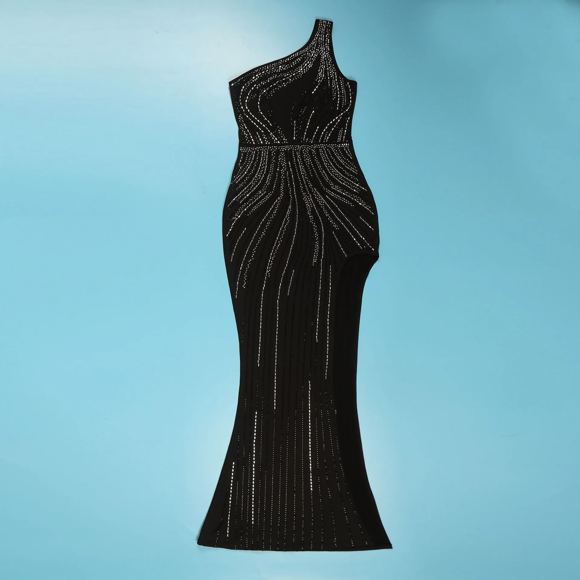 เซ็กซี่ไนท์คลับปาร์ตี้คลับจัดเลี้ยงพรหม Hot Rhinestone แขนกุดไหล่เอียงแยกสะโพกยืดชุด