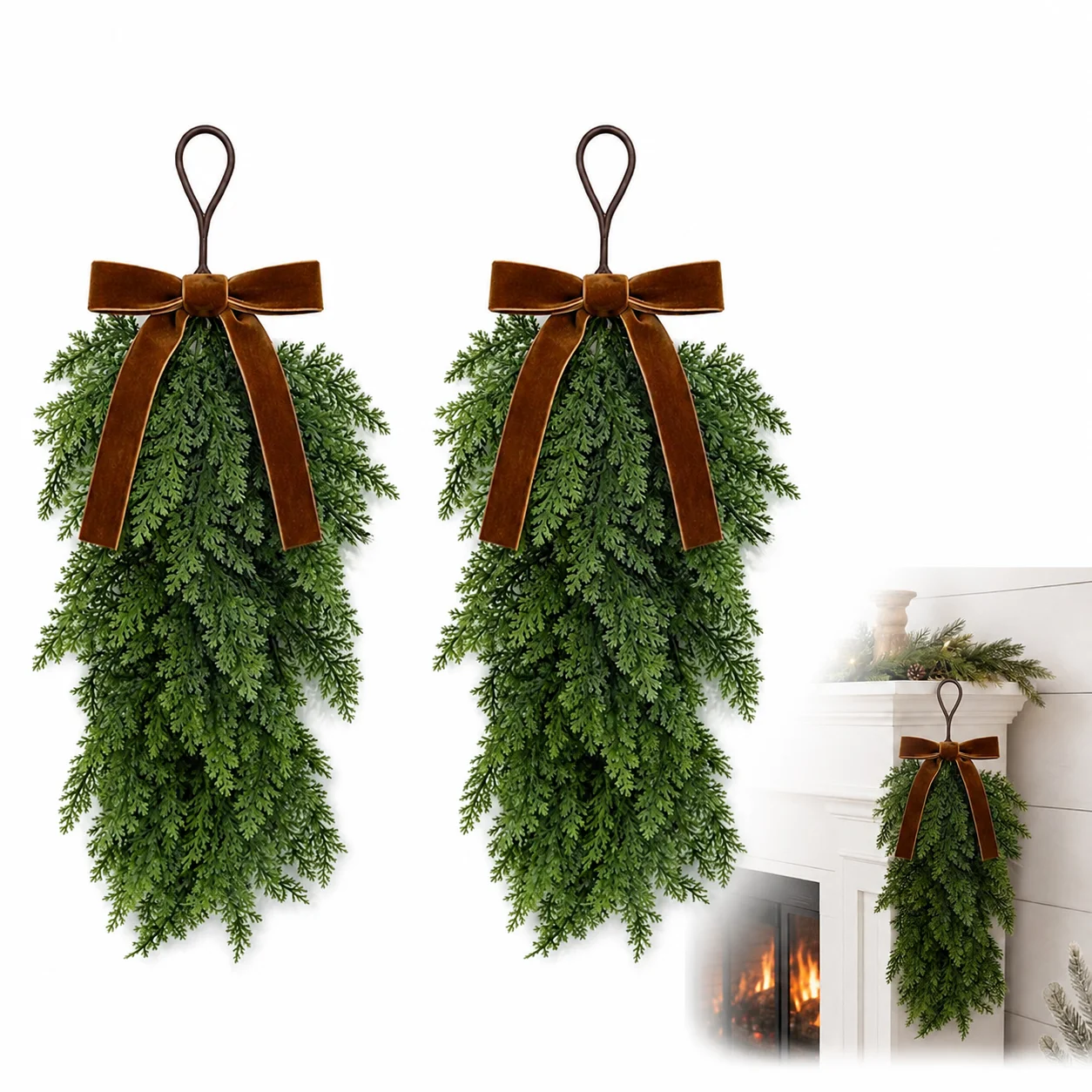 2 Stück Künstliche Zedern-Tropfenkranz mit Samtschleife, Hängendes Evergreen-Grün für Weihnachtsdekoration an Tür, Wand, Kamin und für Feiertage – Detail 1