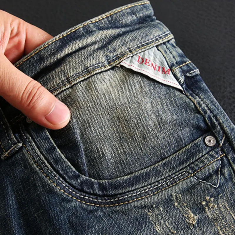 Fashion Designer Men Jeans Retro Washed Blue Stretch Slim Fit Ripped Jeans Men Classical Trendy Trousers Vintage Denim Pants