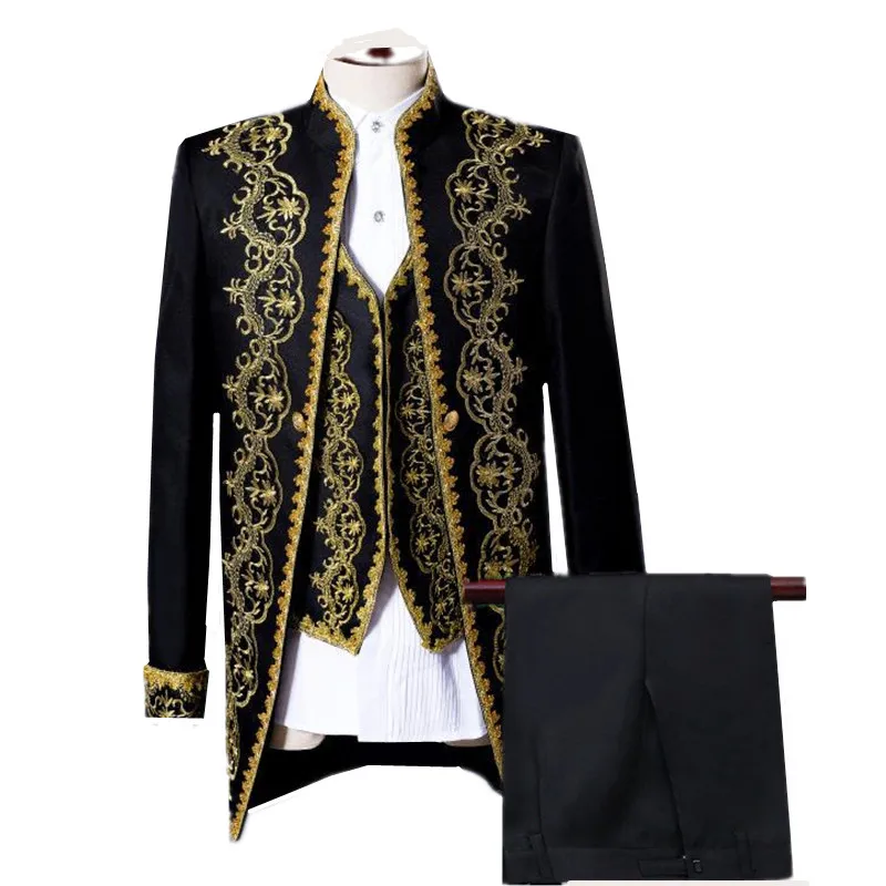 

European American Style Men Court Banquet Suit 3piece Black White Fashion Men's Luxurious Gold Lace Embroidery Blazer Pant Vest