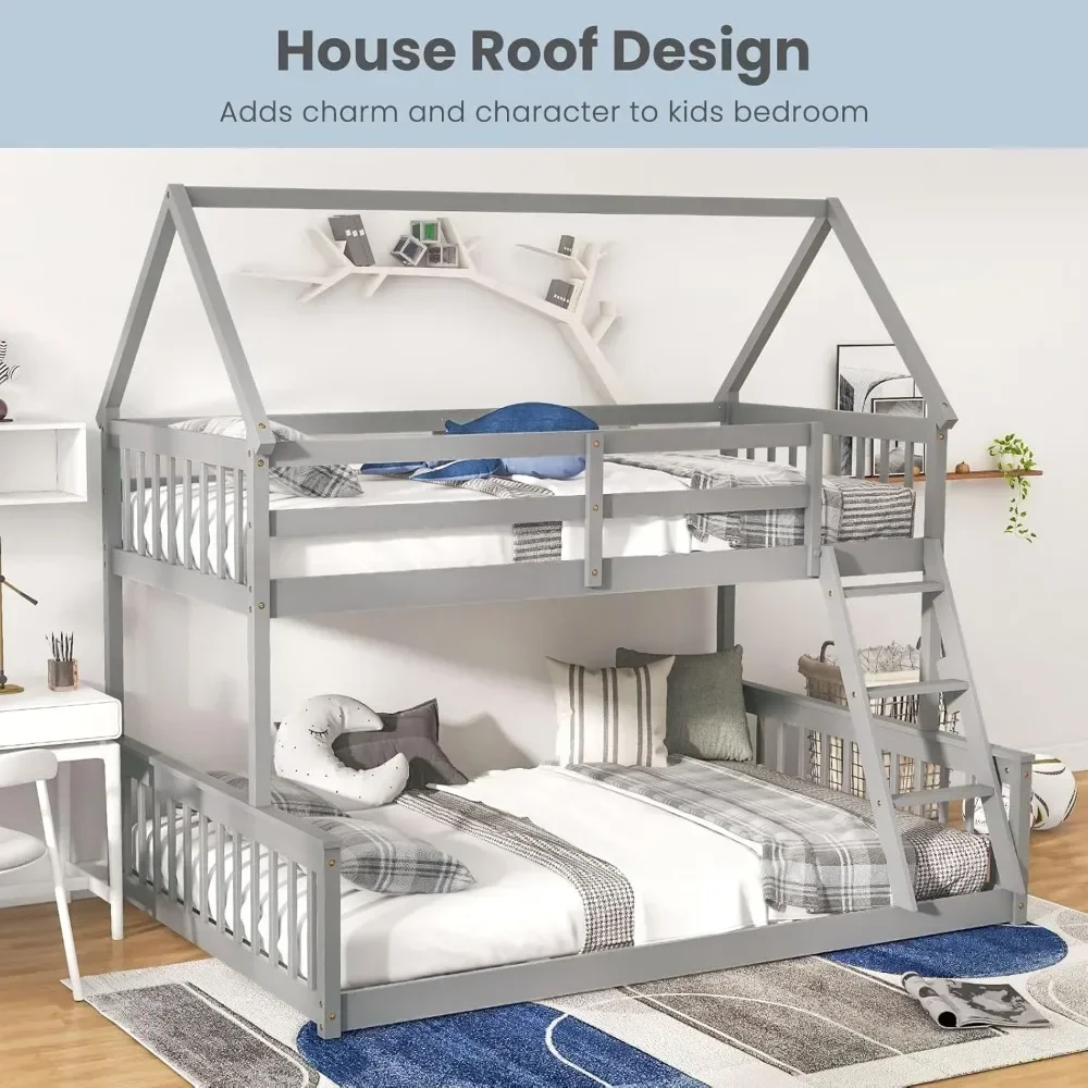 Wood Twin Over Full House Bunk Bed with Built in Ladder, Solid Pine Wood  Bed Frame with Safety Guardrails, House Bunk Bed Frame