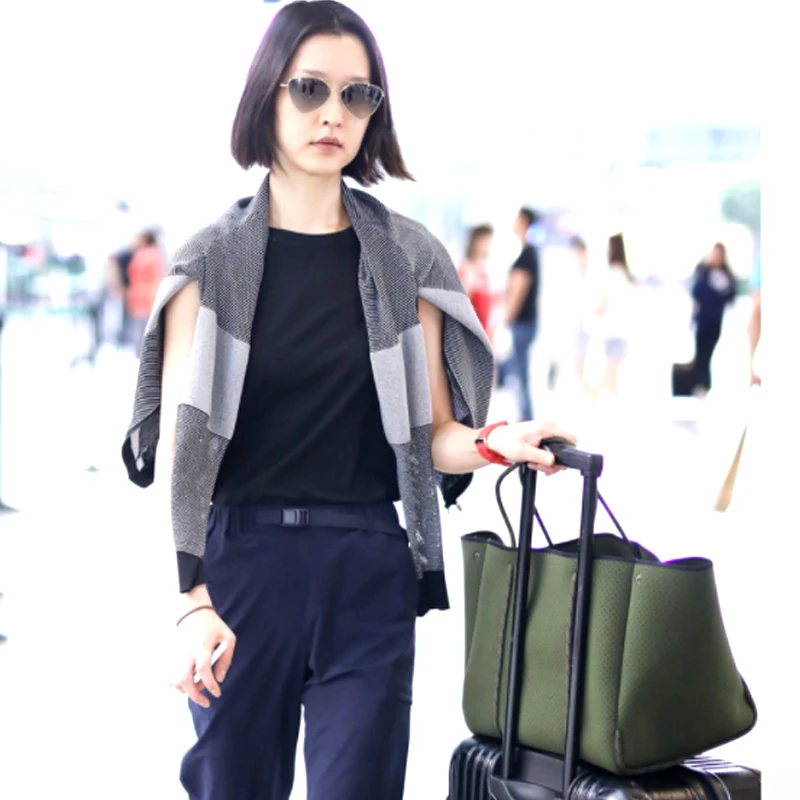 Hot Sale Travelling Shoulder Bag Women Perforated Neoprene Tote Bag With Small Purse Large Neoprene Beach Handbag