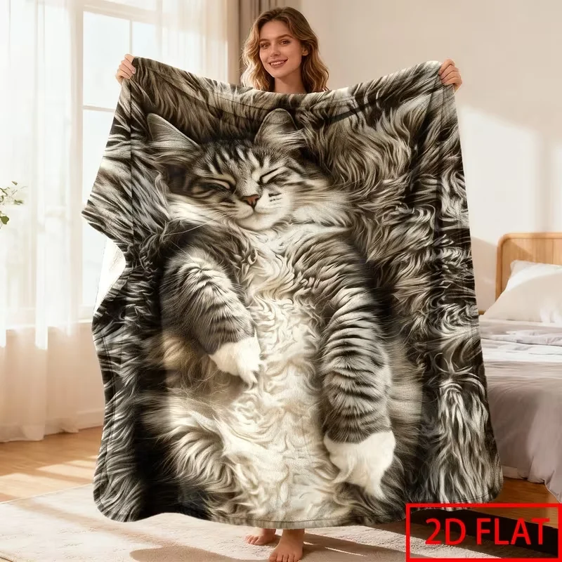 Extra Blanket a Fluffy Norwegian Forest Cat Napping on Its Back, Ultra Soft Comfortable Blanket for Couch, Outdoor Use Blanket
