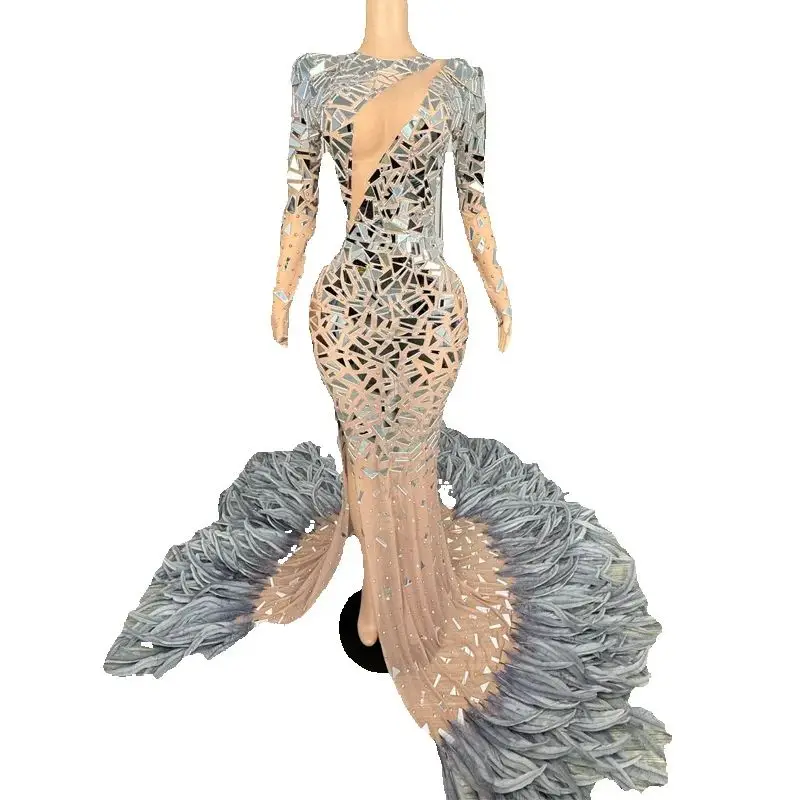 المغني مهرجان المرحلة المنصة الزي ثوب الزفاف النساء احتفال المرايا ريشة الذيل فستان فساتين السهرة زي الجاز #5