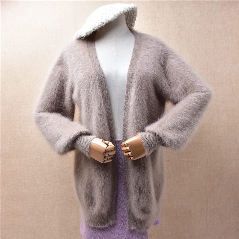 Ladies Women Autumn Winter Clothing Hairy Angora Rabbit Hair Knitted Long Lantern Sleeves Slim Cardigans Mantle Sweater Jacket