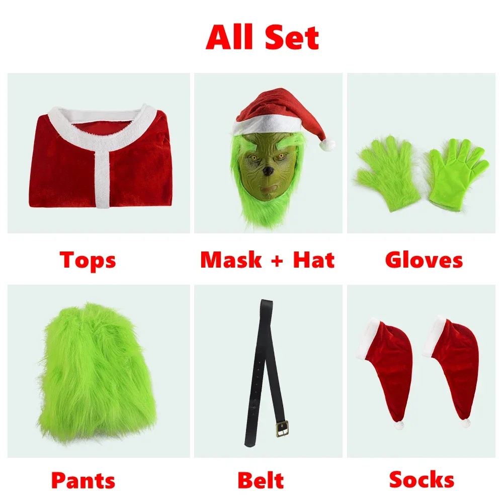 2026Cosplay Costumes Green Thief Plush Mask Pants Gloves Red Santa Claus Hat Tops Socks Holiday Set Xmas Gift view 2