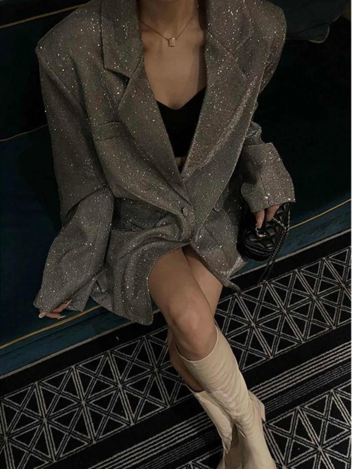 

Винтажный костюм с пайетками средней длины Jaet iny, верхняя одежда Long Sve Commute Sle, однотонная женская модная осенняя коллекция