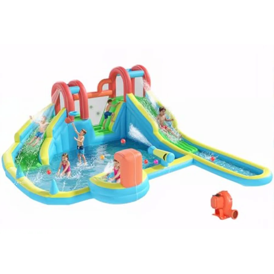 

Inflatable Water Slide for 3-12: 10-in-1 Double Slide Bounce House with Blower Splash Pool Water Cannon Climbing Wall Basketbal