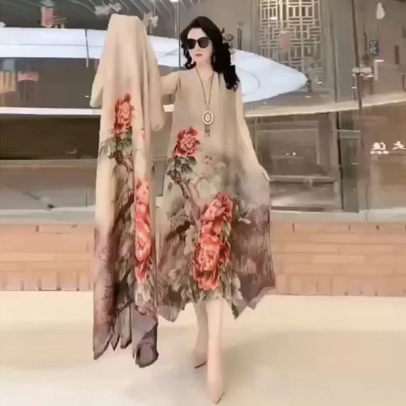 

2024 Summer women New Imitation Silk Blend Dress Female Loose Thin Printed Skirt Two-Piece Sets Commuting Mom's A-line skirt 3D