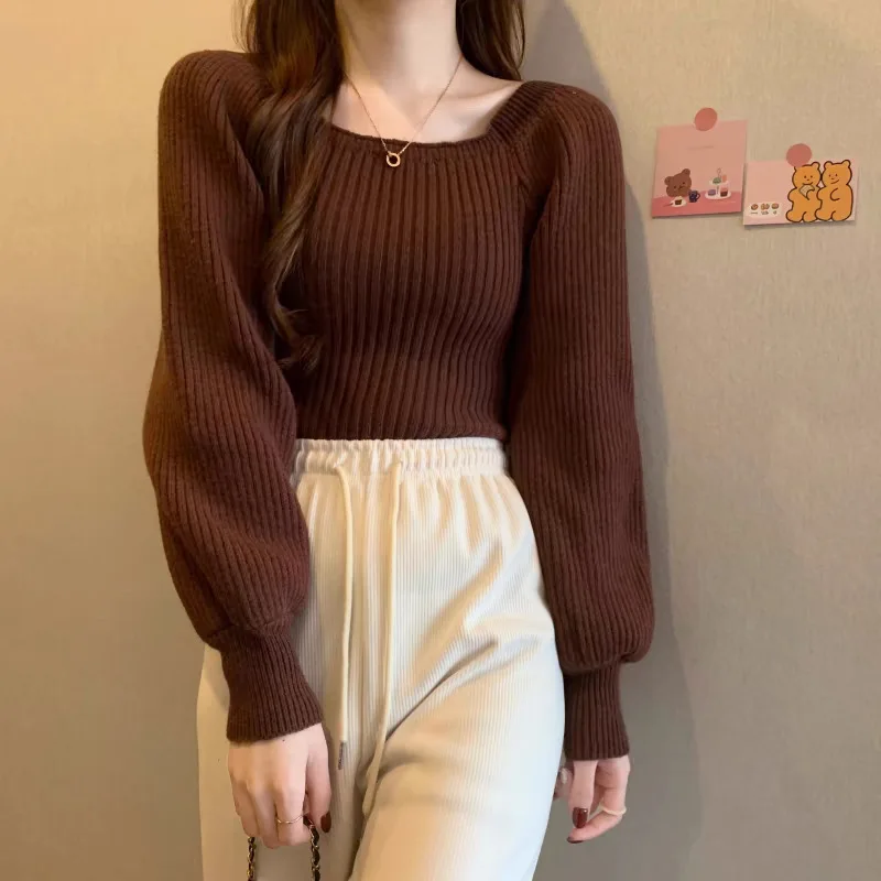 Sueter Mujer Autumn French Square Neck Puff Sleeve Wear Knitted Bottoming Shirt Sweater Tops for Women Ropa De Mujer Ofertas