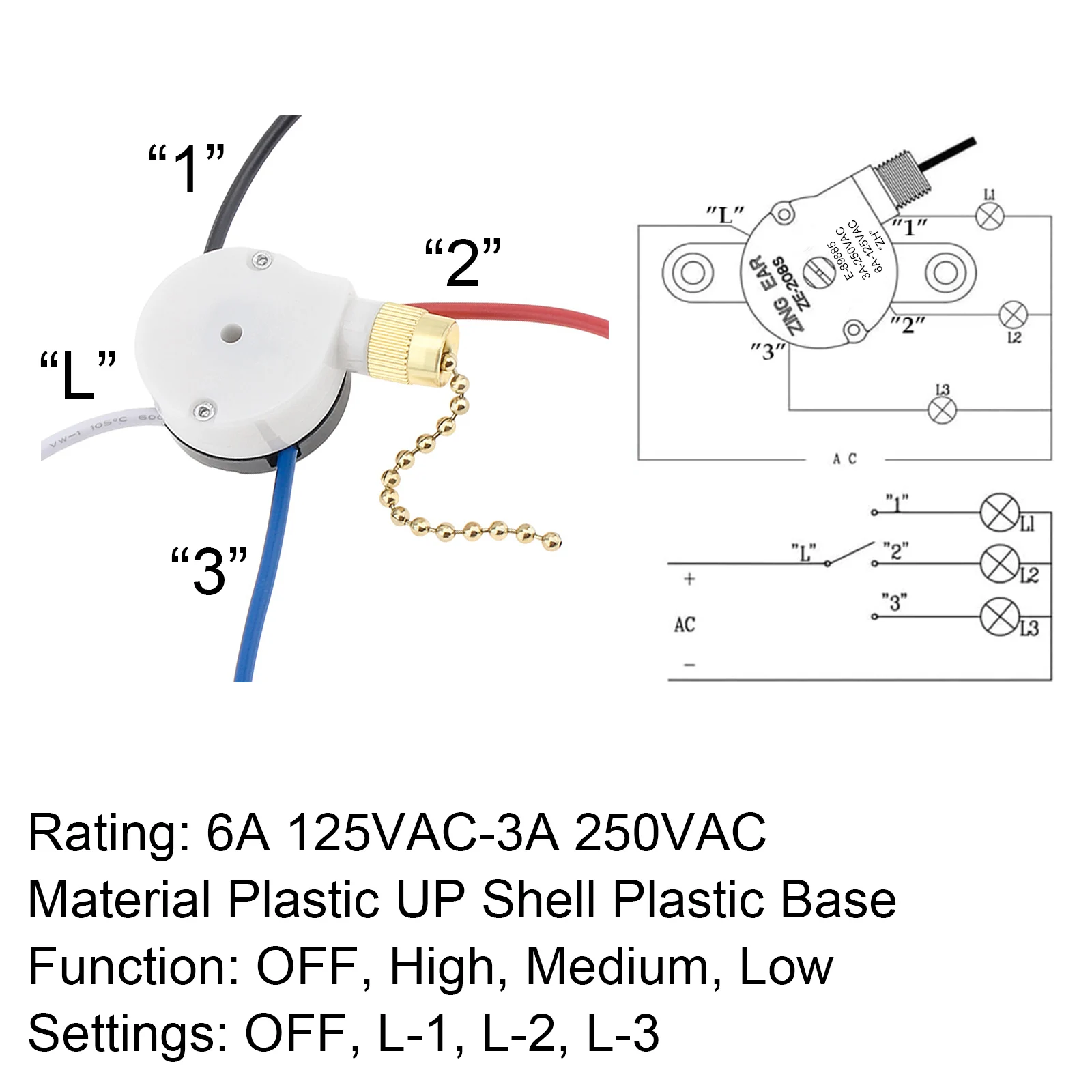 Interruttore del ventilatore da soffitto interruttore di controllo della velocità dell\'interruttore a catena a 4 fili a 3 velocità per ventilatori