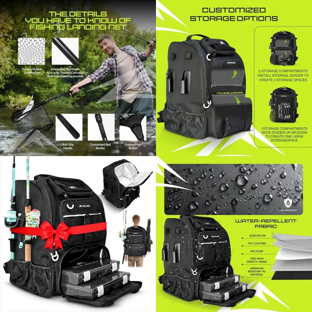 

45L Fishing Backpack with Tackle Box, Rod Holder, Foldable Net, and Rain Cover for Men