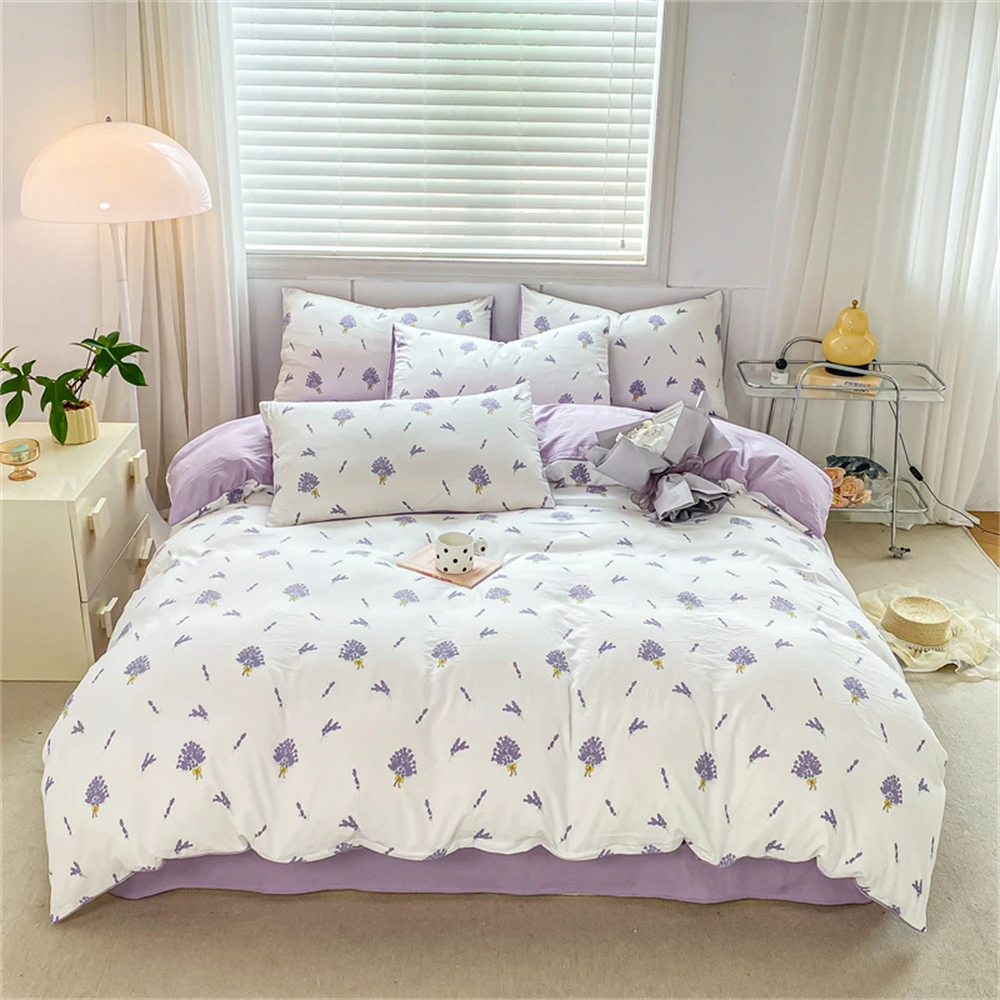 Home Textiles Soft Four-piece Bedding Set Pillowcase Purple Washed Cotton Flower Duvet Cover for Children Women Men Bed Sheet
